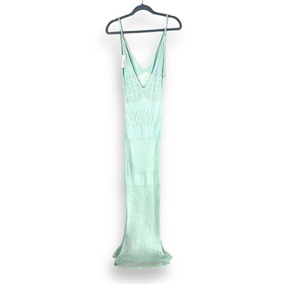 REVOLVE Flook The Label Kendall Dress in Mint Crochet Sheer Low Back Maxi NWT L - Picture 3 of 9